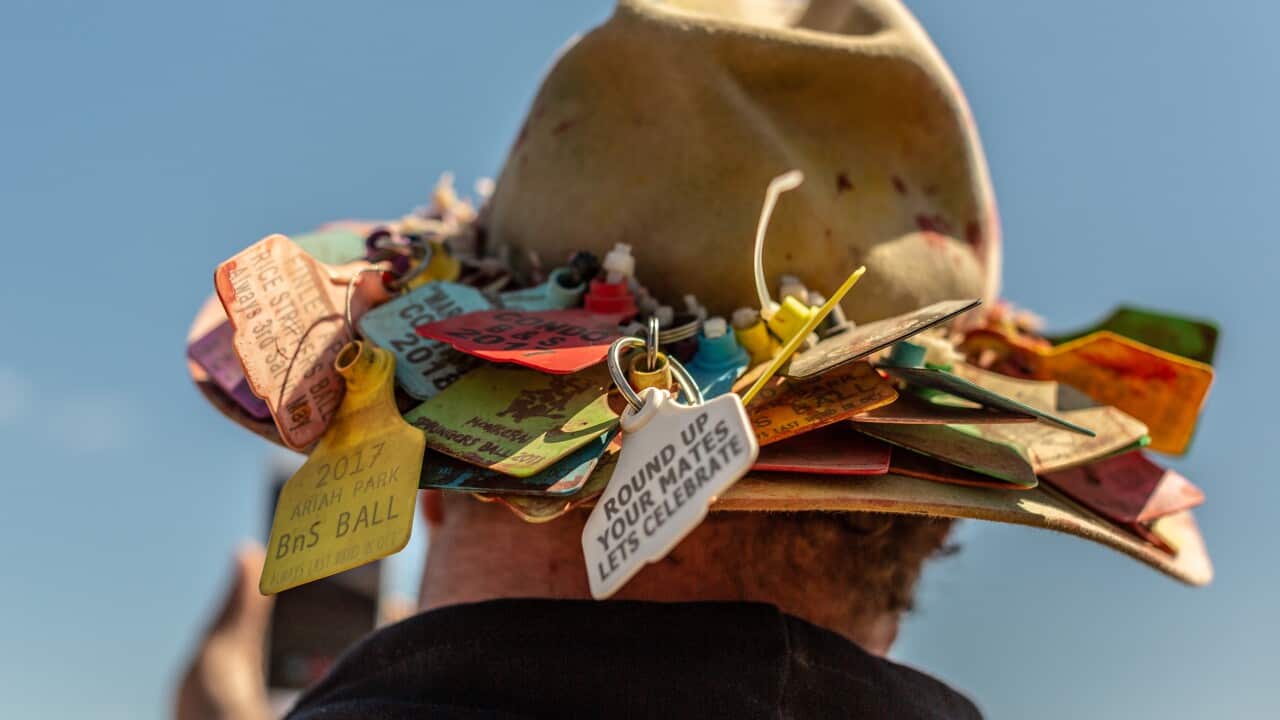 An attendee wears an Akubra, adorned with cattle tags with inscriptions of country events he has attended, at the Deni Ute Muster.