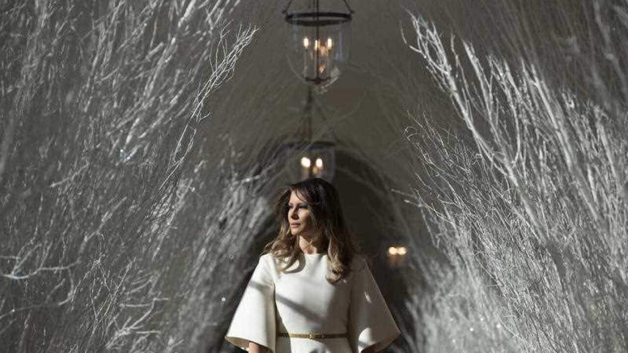 Melania Trump walks along the East Colonnade which is lined with white branches as part of the White House's Christmas decor.