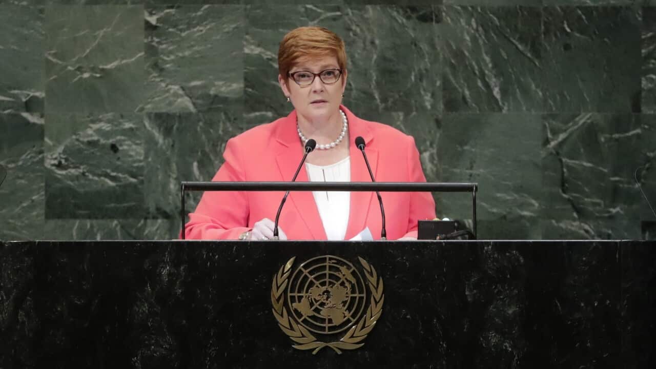 Australia's Foreign Minister Marise Payne addresses the 73rd session of the United Nations General Assembly Friday, Sept. 28, 2018, at the United Nations headquarters.