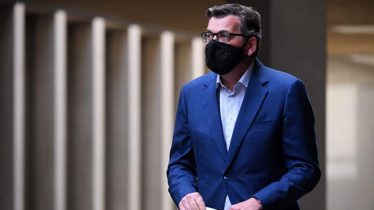 Victorian Premier Daniel Andrews arrives to a press conference in Melbourne, Wednesday, September 16, 2020. Victoria has recorded 42 new cases of coronavirus and 8 deaths in the past 24 hours. (AAP Image/James Ross) NO ARCHIVING