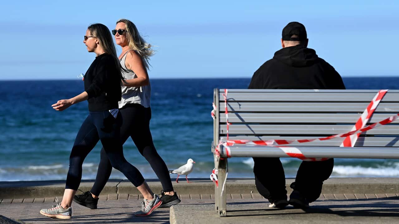 Members of the public exercise along Manly Beach in Sydney.
