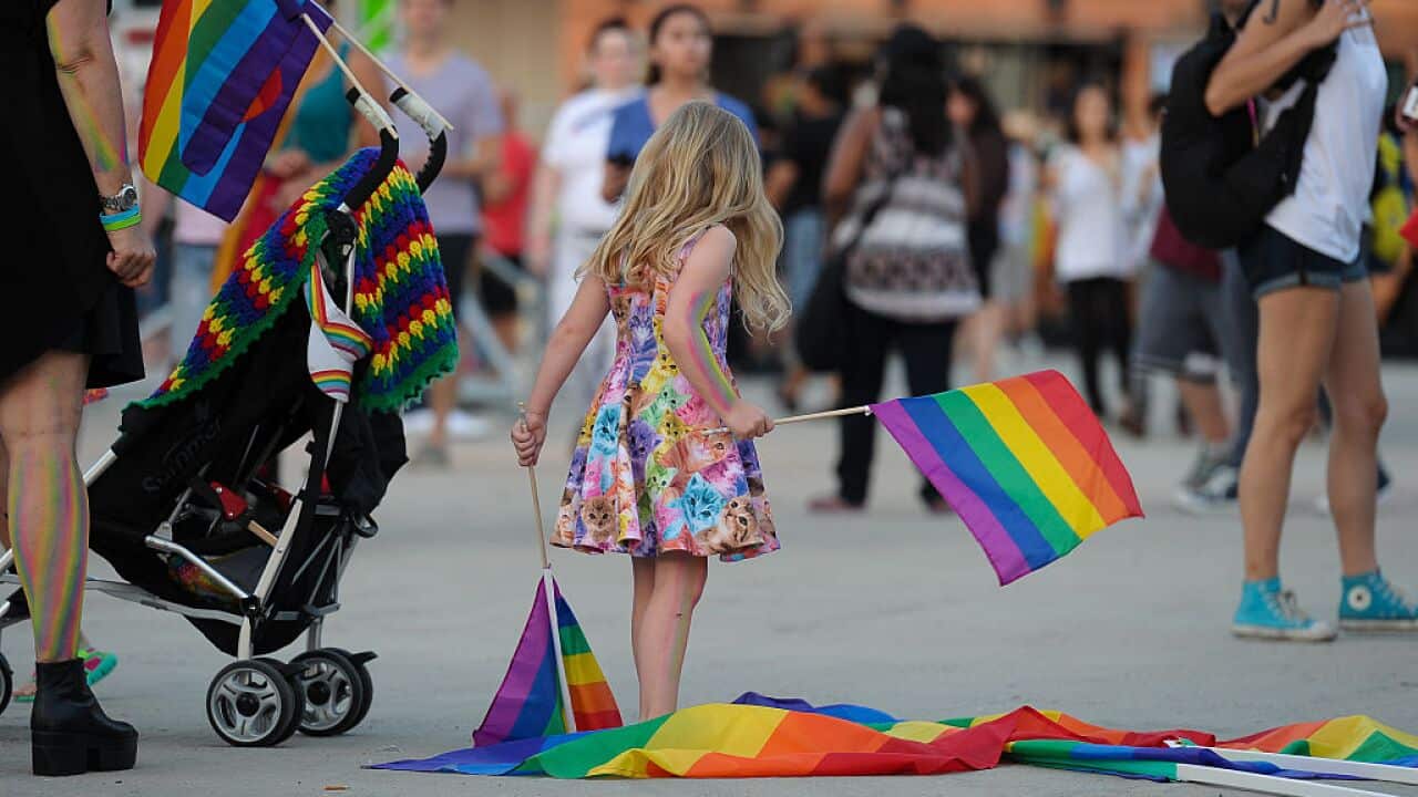 Child with rainbow flags at Pride