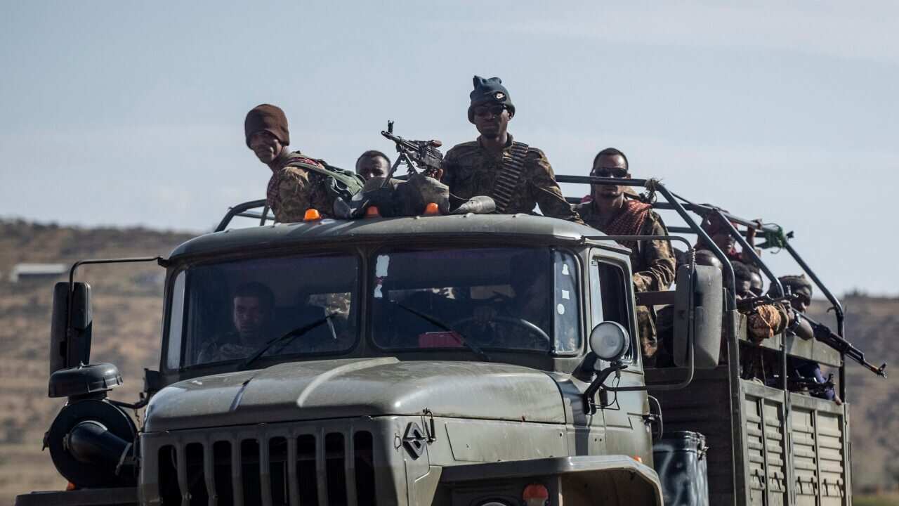 A file photo of Ethiopian government soldiers on a road near Agula, north of Mekele, in the Tigray region of northern Ethiopia.