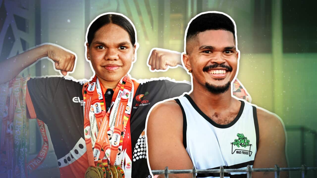 A composite image of a female athlete wearing sporting medals and a male athlete wearing a white shirt.