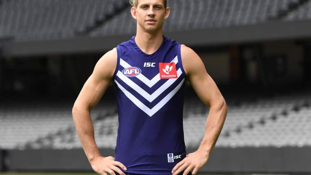 Fremantle captain Nat Fyfe is seen at Etihad Stadium