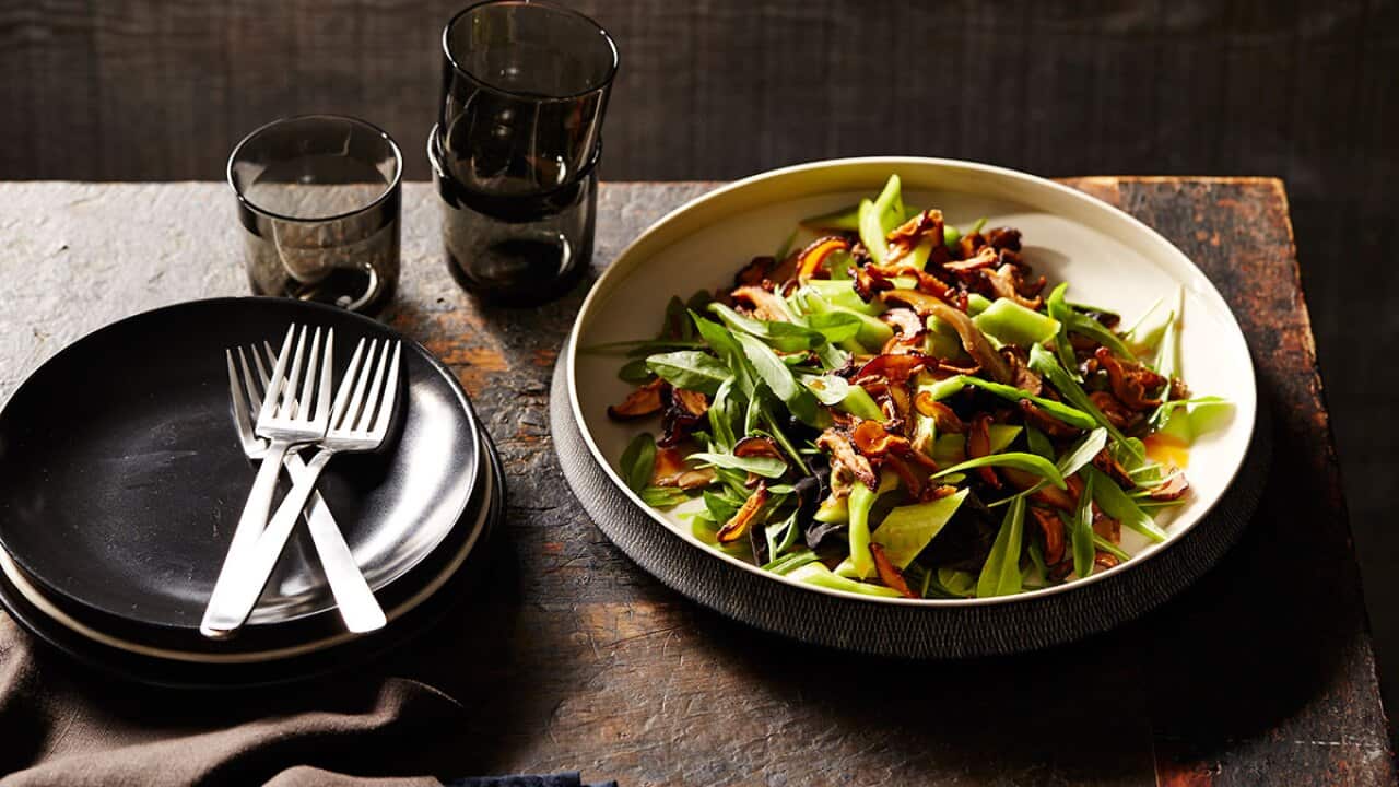Pickled pine mushroom and fried shittake salad
