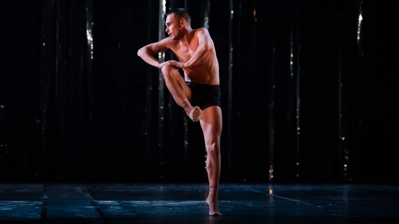 Baden Hitchcock (centre) dances in the new show, 'Bangarra: 30 years of sixty five thousand'.