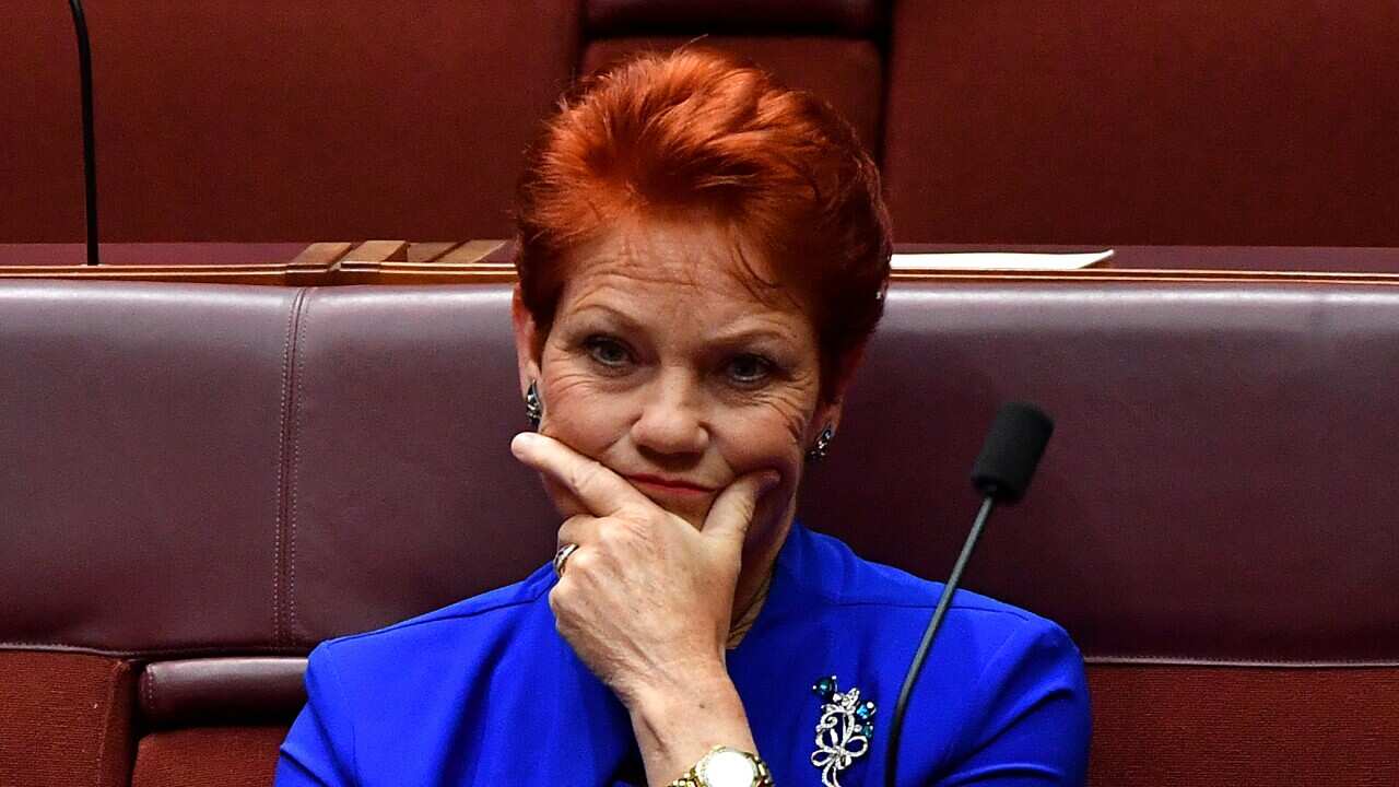 Senator Pauline Hanson is during the.swearing in of the Senate at Parliament House in Canberra.