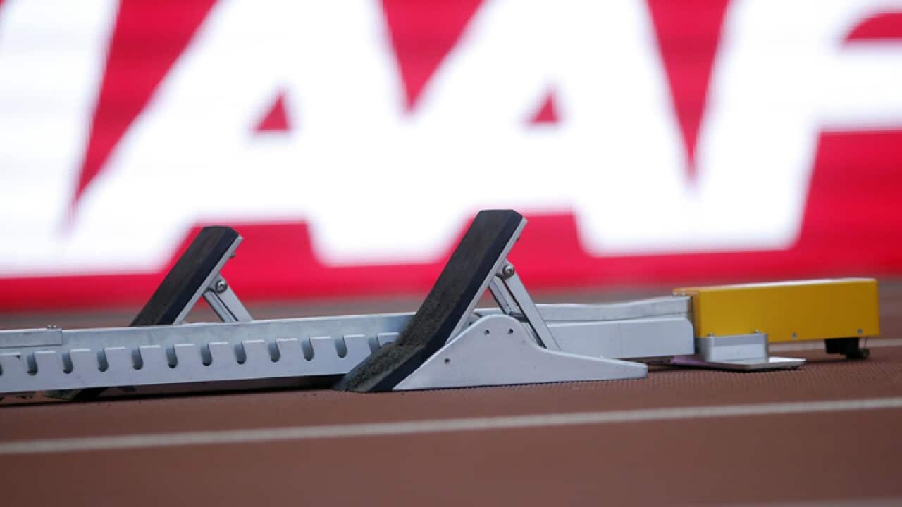 Starting blocks at an athletics track