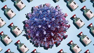 Illustration of a large blue, purple and red COVID-19 virus particle surrounded by multiple vaccine vials on a pale blue background.