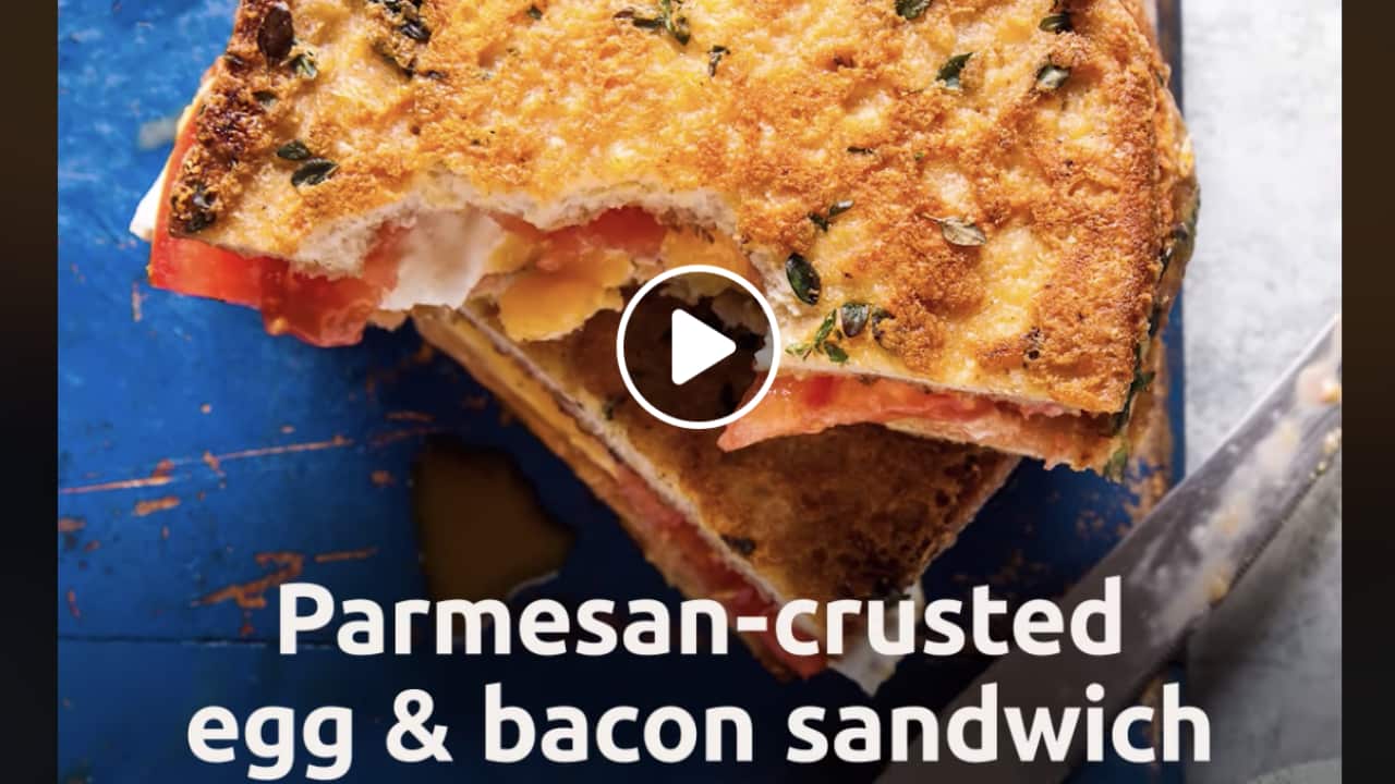 Parmesan-crusted egg and bacon sandwich.