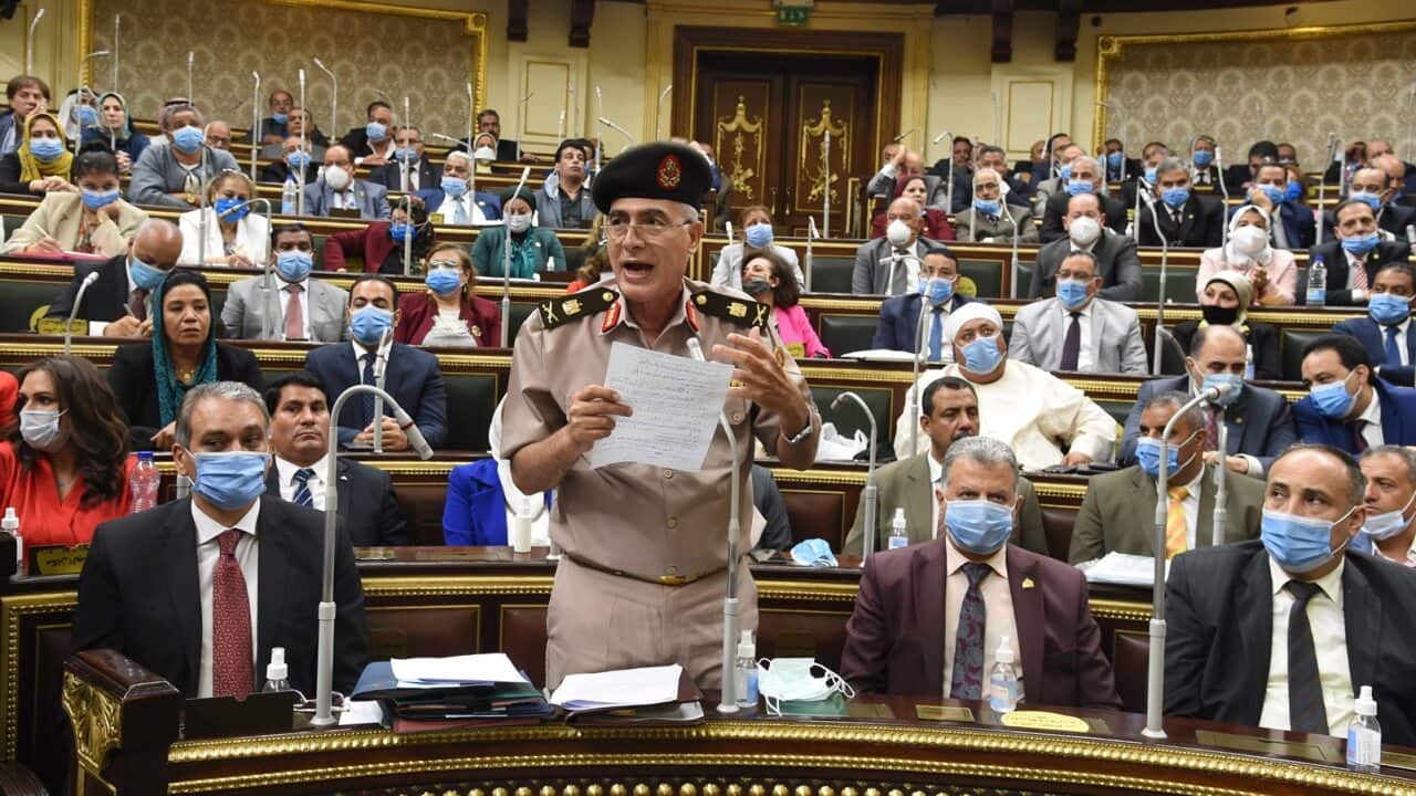 Egyptian General Mamdoh Shahen speaks during a parliamentary debate on whether Egypt should send troops to the neighbouring civil-war-torn Libya.