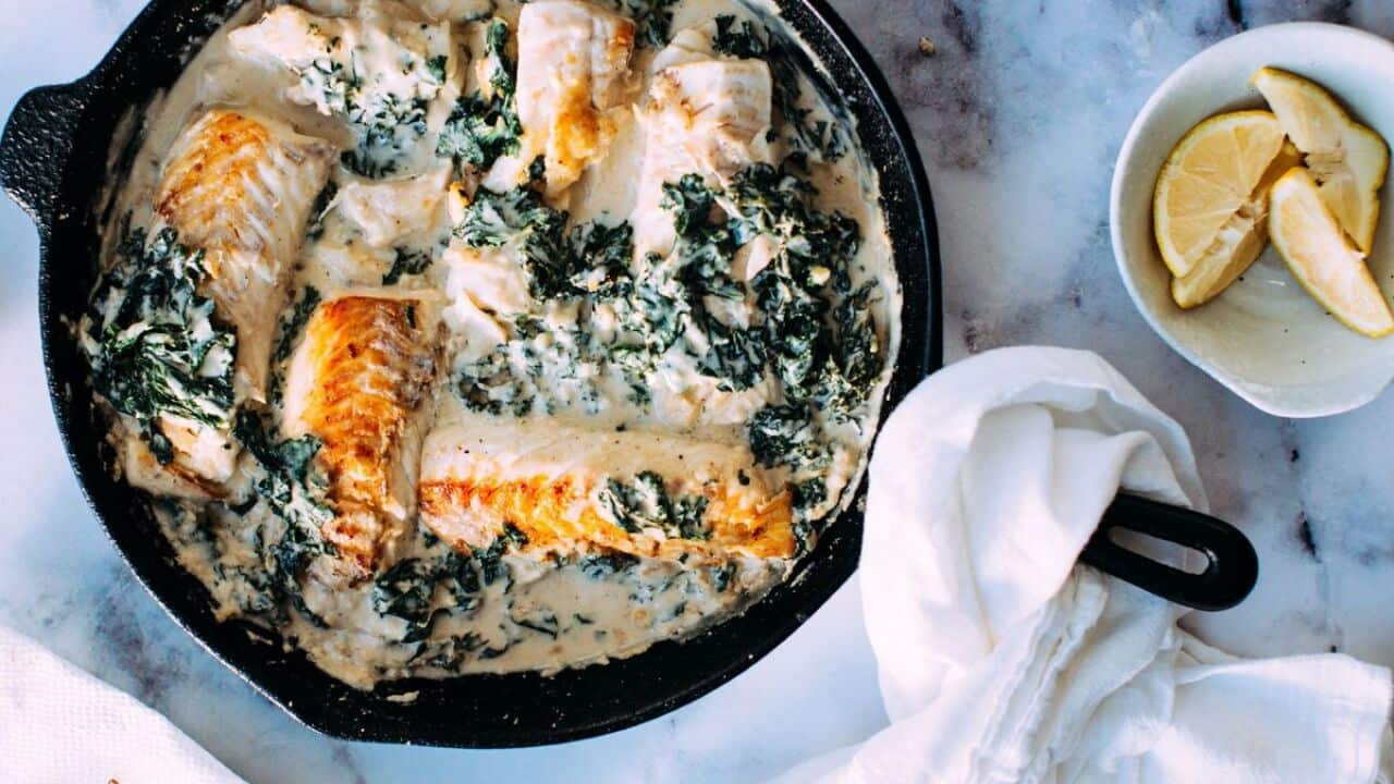 Fish stew in cast iron pot