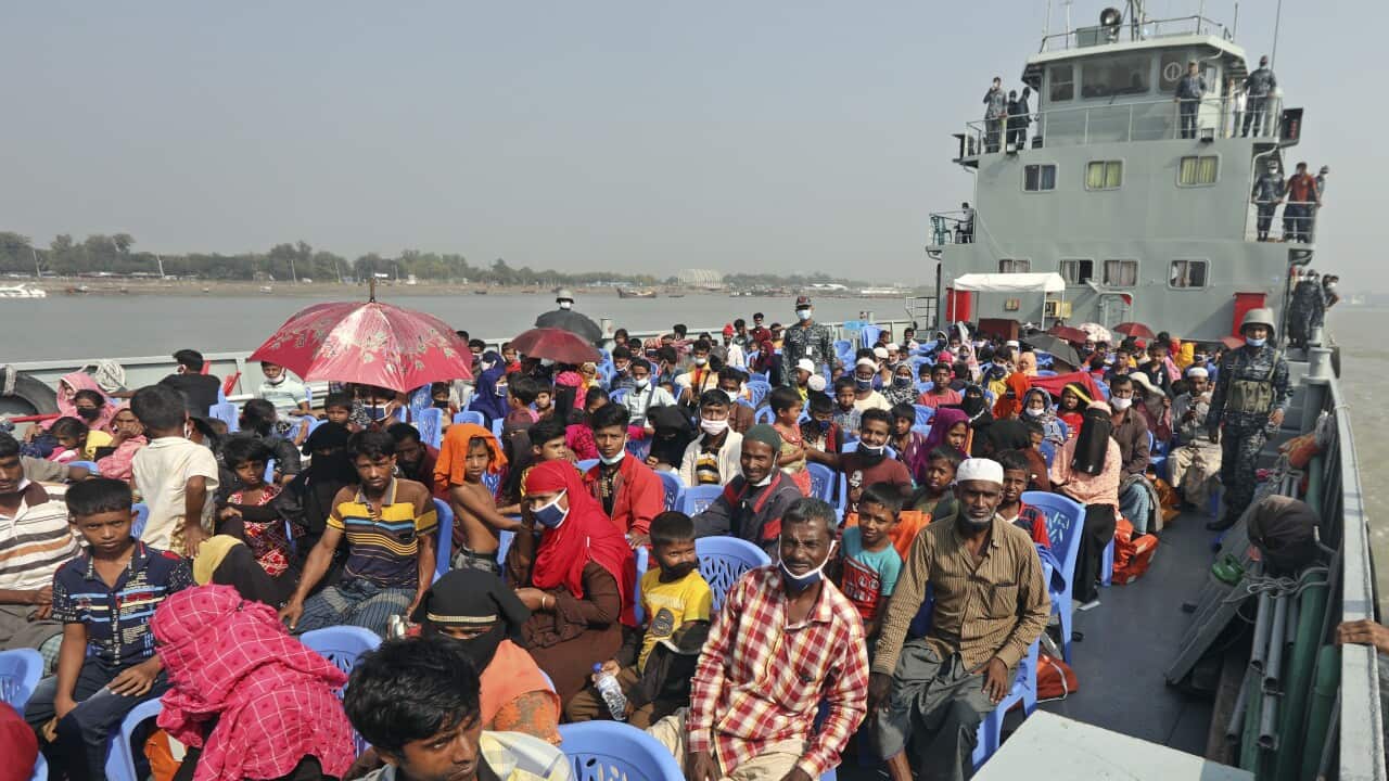 Rohingya refugees are transported on a naval vessel to Bhashan Char, in the Bay of Bengal, from Chittagong, Bangladesh, on 4 December.