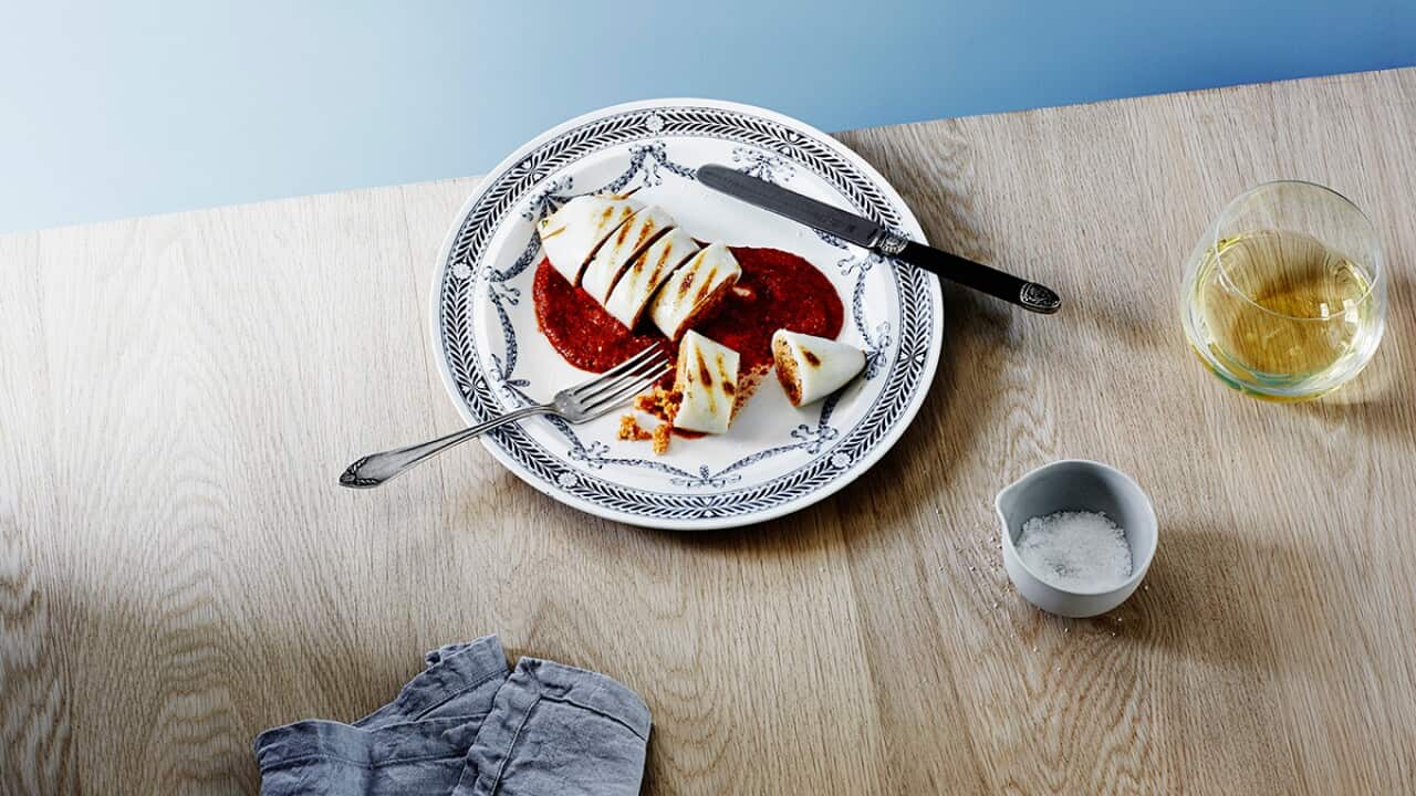 Spanish-style stuffed calamari with romesco sauce