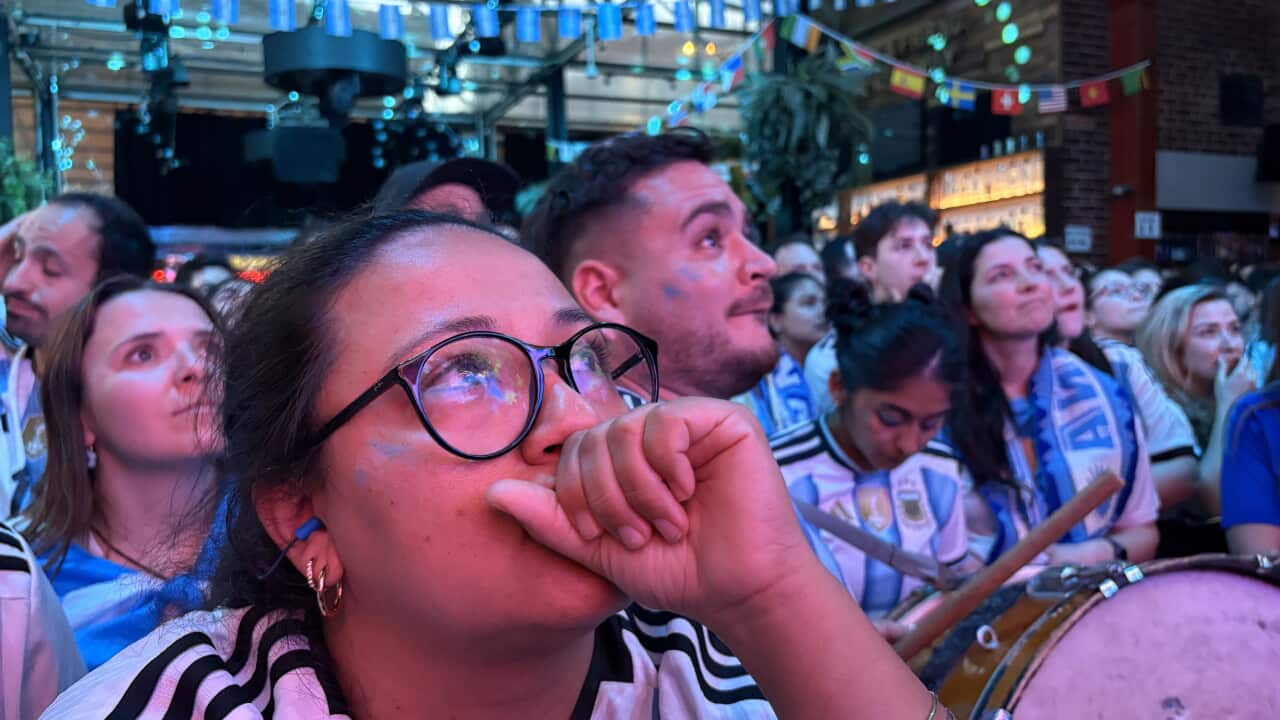 Football fans in Argentina shirts watch nervously at a public screening of the World Cup final between Spain and Argentina.