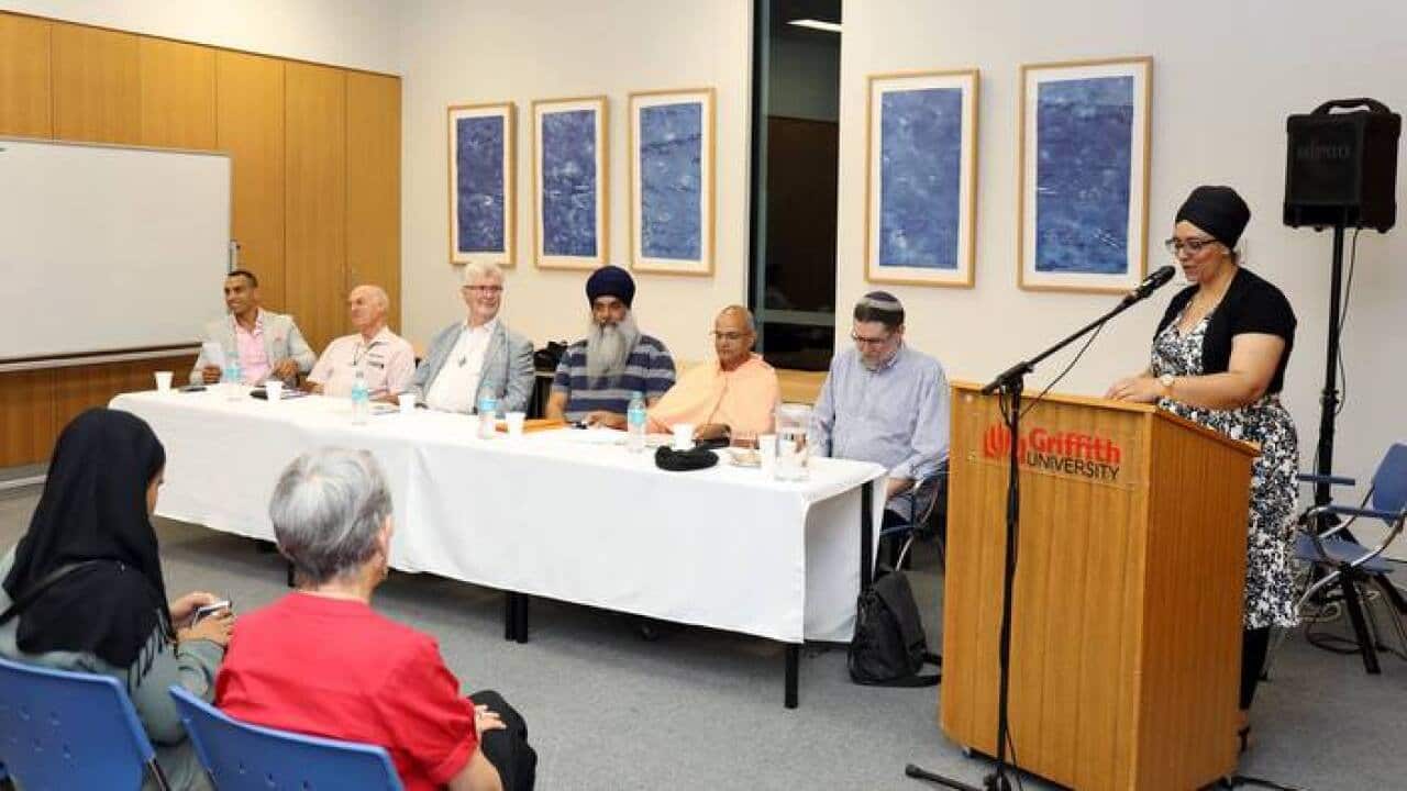 Jatinder Kaur, extreme right, welcoming the six male interfaith speakers, who spoke during the forum