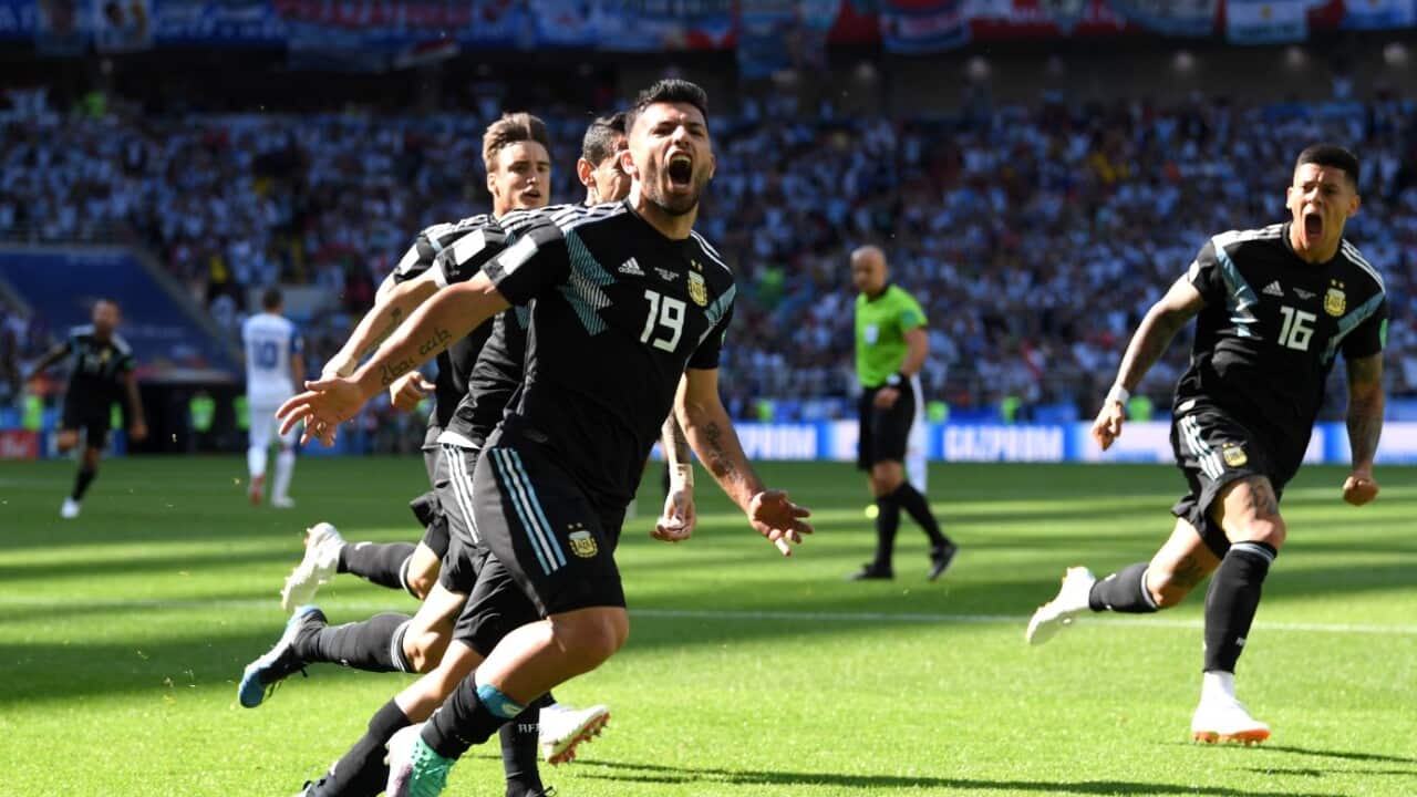 Serigo Aguero of Argentina celebrates after scoring his team's first goal during the 2018 FIFA World Cup