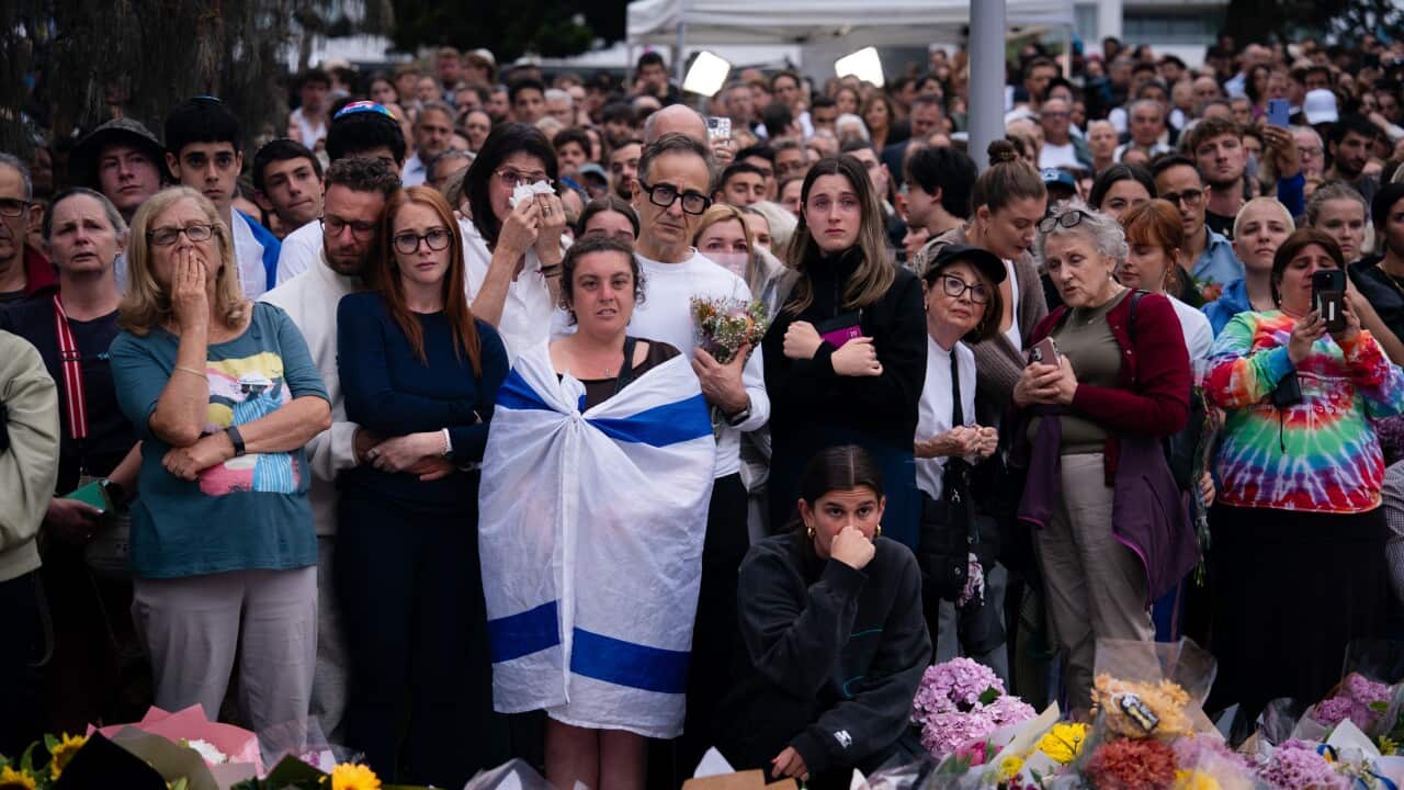 People gathered at a memorial for the victims of the Bondi Beach terror attack