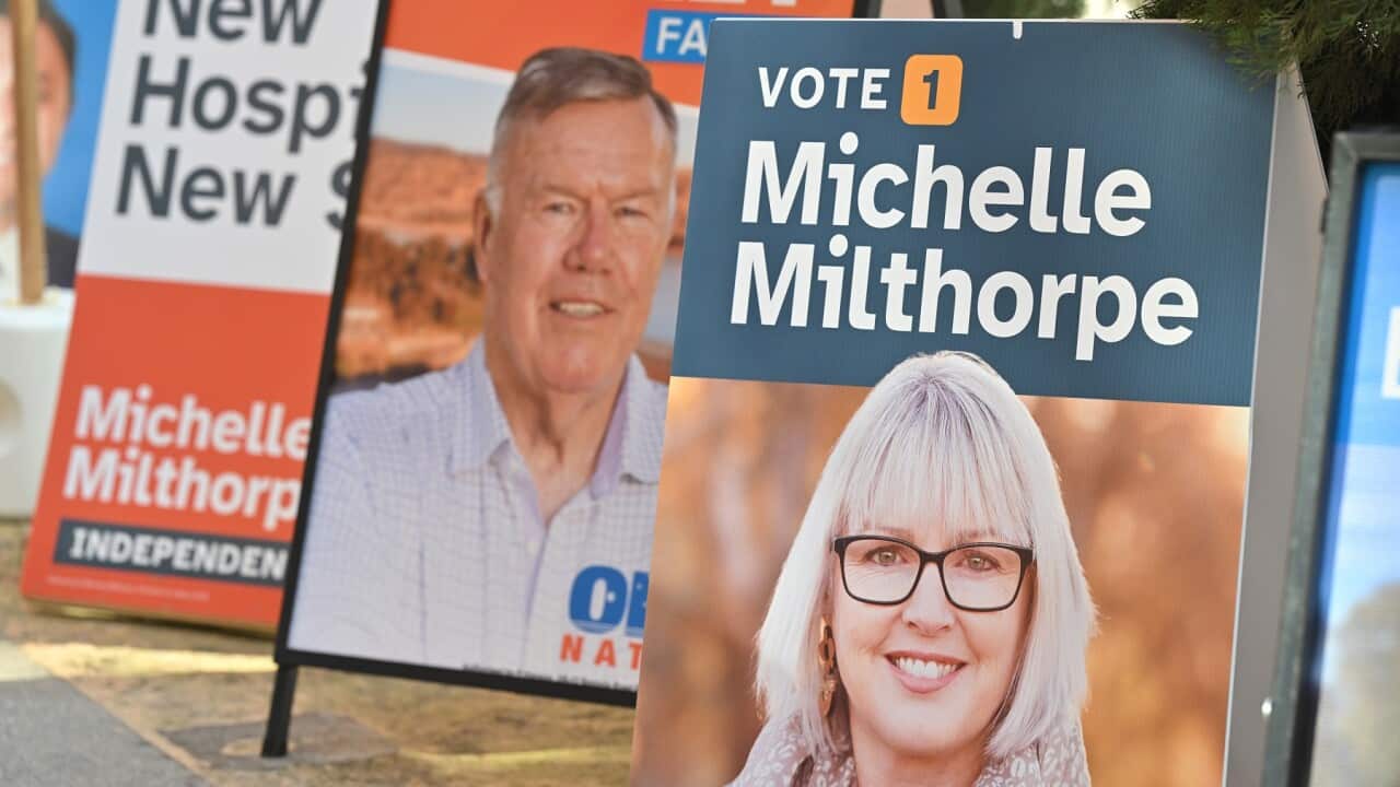 Campaign posters of One Nation candidate David Farley and independent Michelle Milthorpe ahead of Farrer by-election in NSW