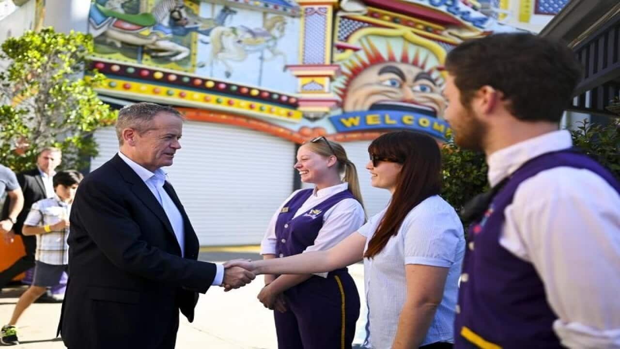 Opposition Leader Bill Shorten greets workers at Luna Park, Melbourne.