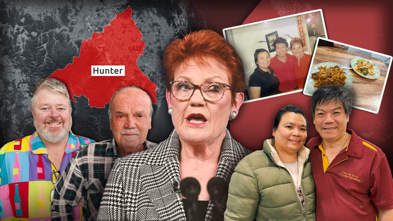 A composite of images of Pauline Hanson, other voters, a Chinese Malaysian couple and plates of stir-fry.