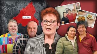 A composite of images of Pauline Hanson, other voters, a Chinese Malaysian couple and plates of stirfry