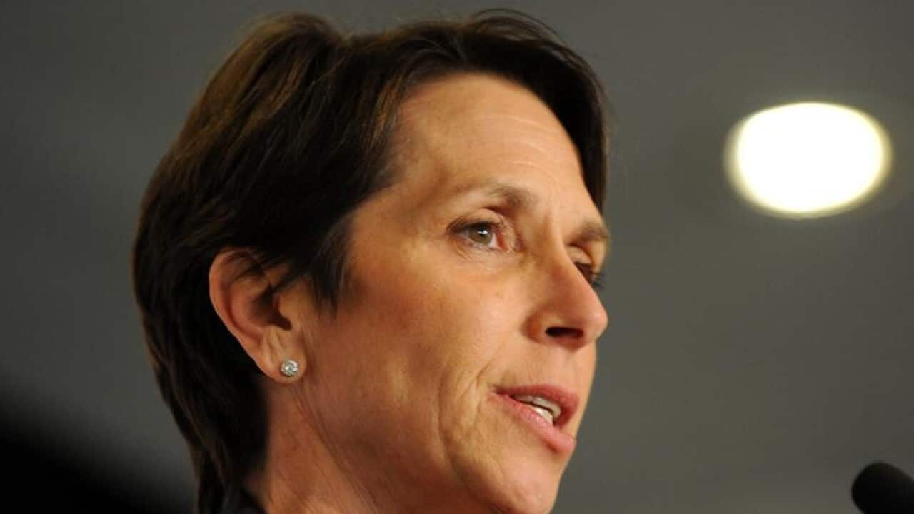 Jayne Hrdlicka makes a speech as Jetstar CEO in 2014.