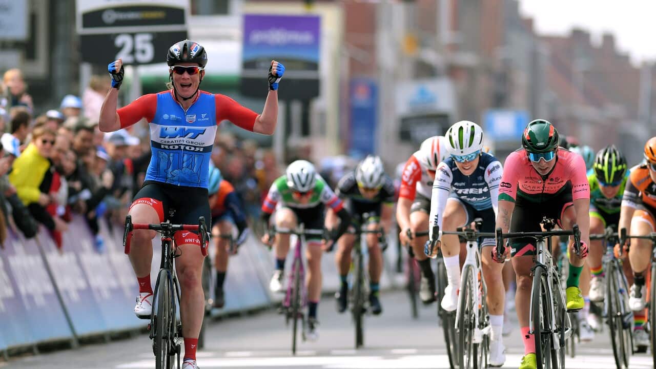 Kirsten Wild celebrates her 2019 Gent-Wevelgem victory, her second Women's WorldTour win in four days (Getty)