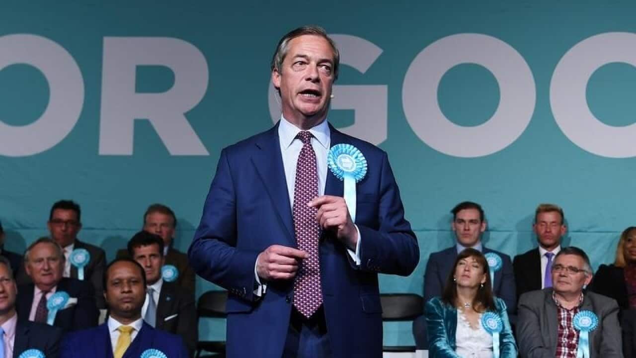 Brexit Party leader Nigel Farage delivers a speech