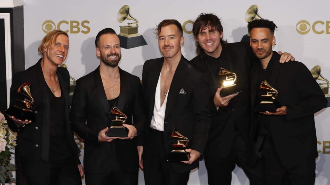 Rüfüs Du Sol pose in the press room with their Grammy’s for Best Dance/Electronic Recording for 'Alive' during the 64th annual Grammy Awards at the MGM Grand Garden Arena in Las Vegas, Nevada, USA, 03 April 2022.