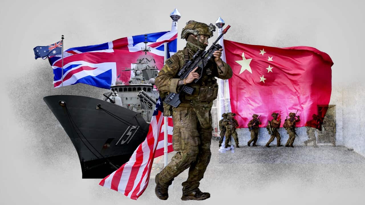 A stylised graphic of an Australian Defence Force officer with a weapon, flags, a warship and more personnel in the background.