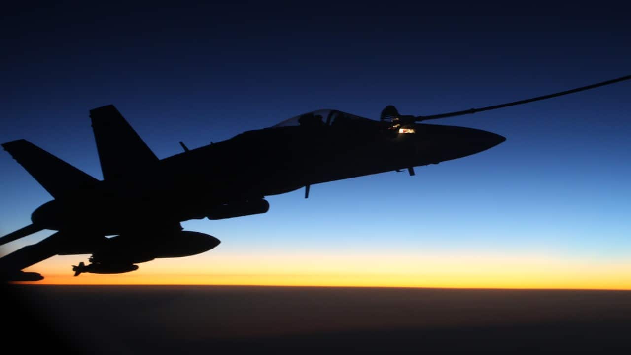A supplied image obtained 2015 shows An F/A-18A Hornet refueling during the first mission of Operation OKRA flown over Syria.