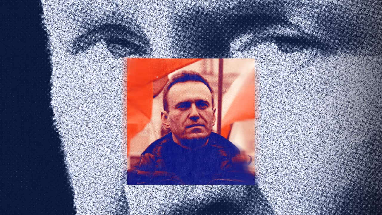 A treated image showing Russian President Vladimir Putin behind an image of former Opposition leader Alexei Navalny.