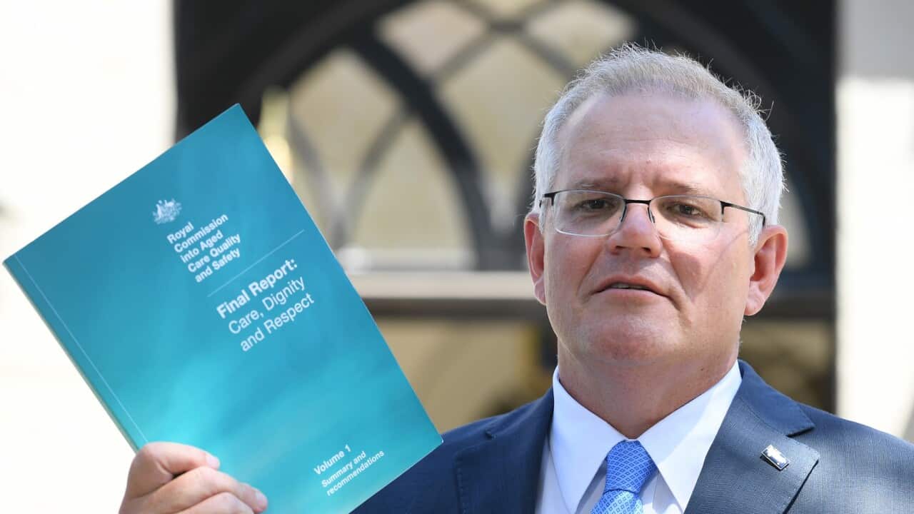 Prime Minister Scott Morrison delivers the Royal Commission Report into Aged Care during a press conference at Kirribilli House in Sydney, Monday, March 3, 2021. (AAP Image/Dean Lewins) NO ARCHIVING