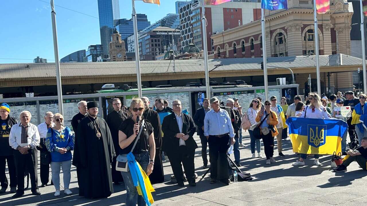 2024, August 24, Melbourne. Federation Square., Melbourne stands for Democracy - Ukrainian Independence Day. Chrestyna Kmetj from the Australian Federation of Ukrainian Organisations.jpg