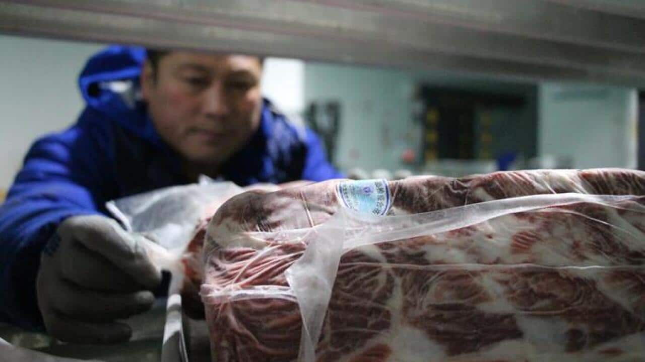 کارگری در یک مرکز پالایش گوشت گاو در شهر بینژو، ولایت شاندونگ، چین.