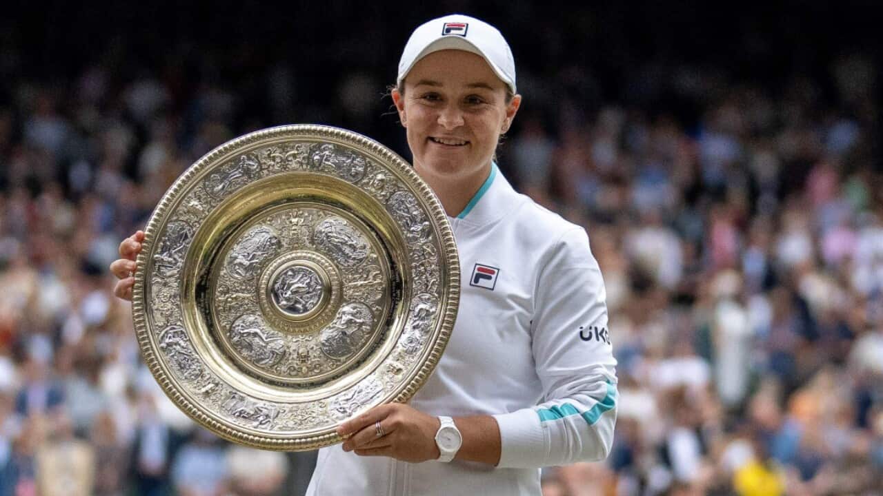 Ash Barty celebrates her Wimbledon triumph with the Venus Rosewater Dish