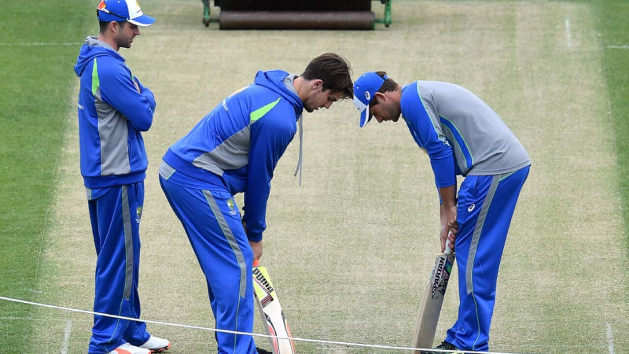 (L-R) Callum Ferguson, Mitchell Marsh and Joe Burns inspect the pitch