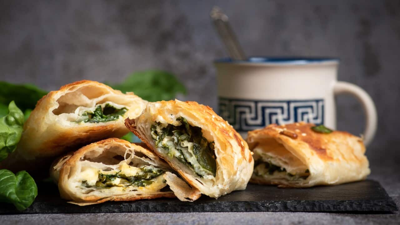 Homemade greek spanakopita pie with organic spinach