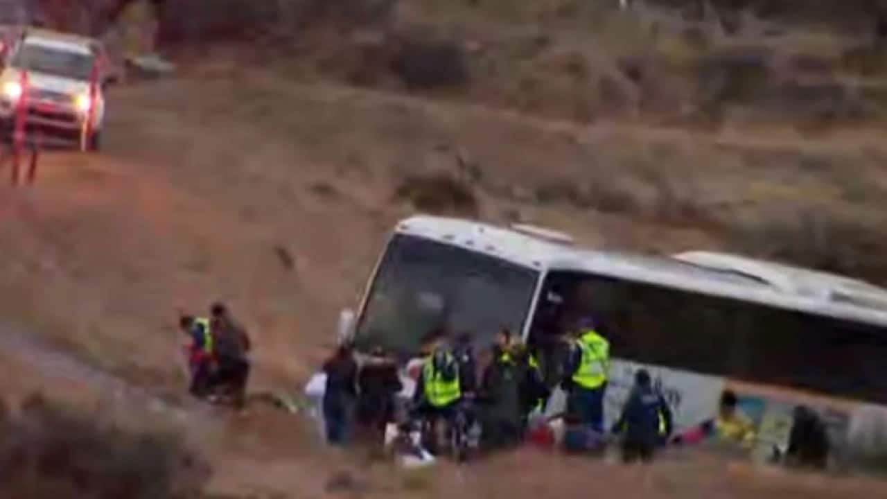 The bus sat in a ditch after coming to a stop. Picture