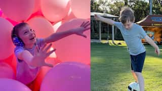 Two photos of a young boy playing with balloons and a soccer ball