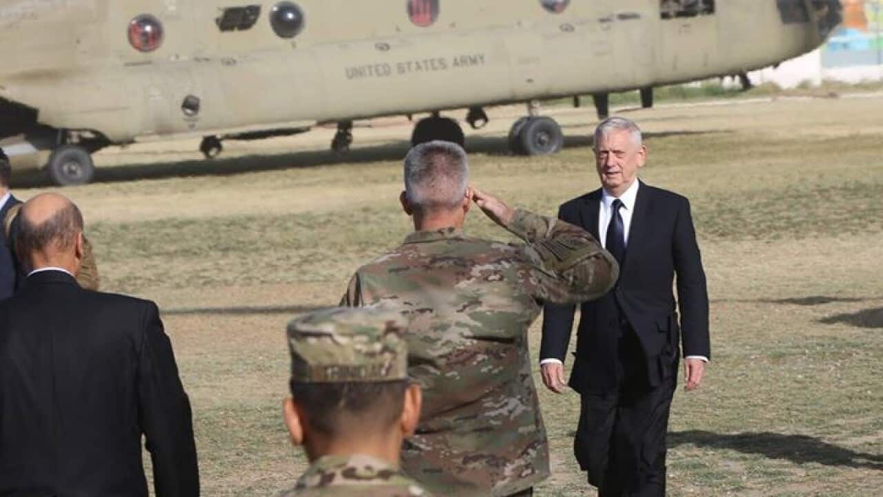 US Defense Secretary James Mattis upon arrival at NATOs headquarters in Kabul, Afghanistan