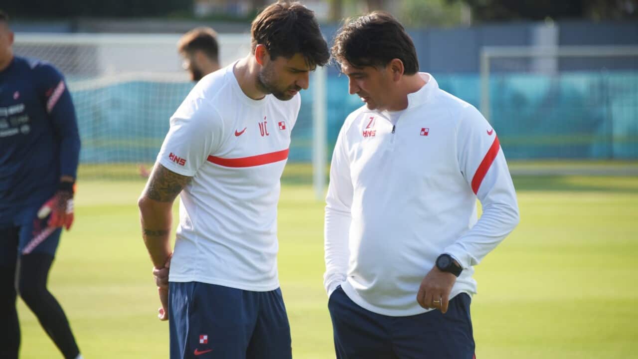 Croatian coach Zlatko Dalic and assistant coach Vedran Corluka during training session of Croatian national football team , in Rovinj, Croatia, on June 9, 2021.