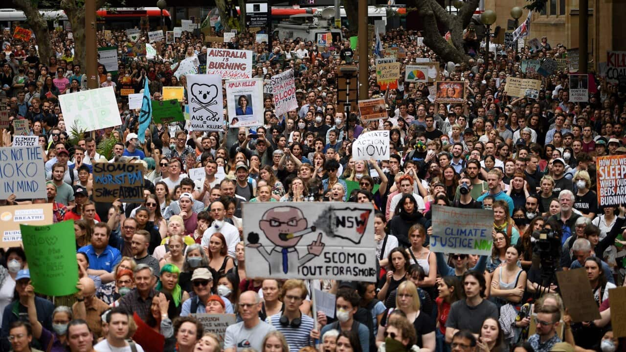 Protesters rally during the NSW is Burning, Sydney is Choking climate emergency rally