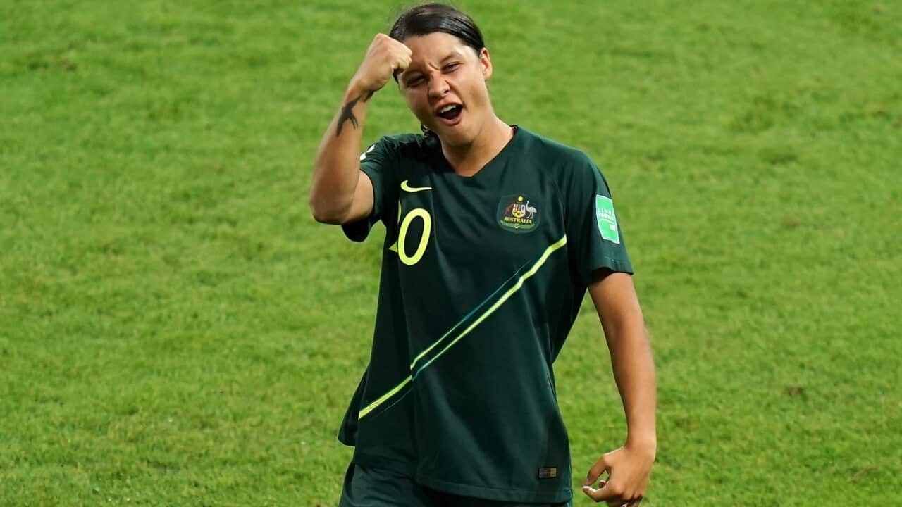 Australia's Sam Kerr celebrates after the final whistle.