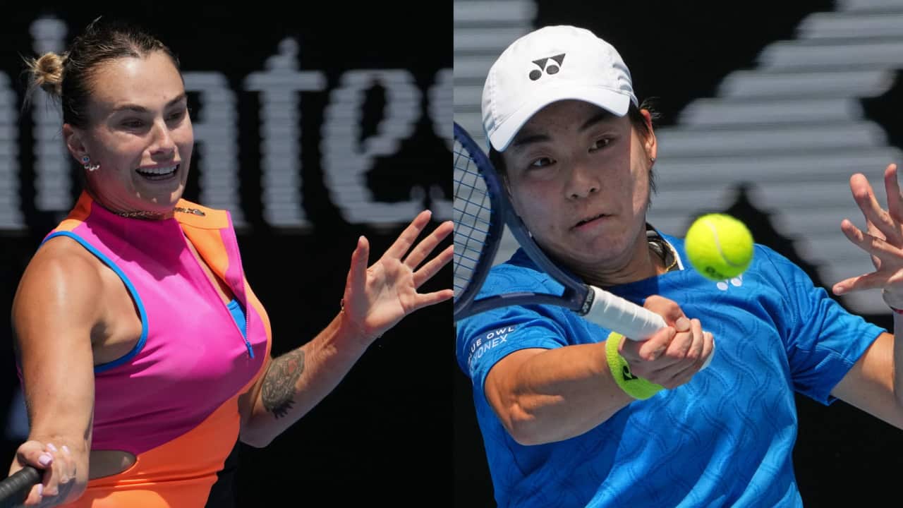 Aryna Sabalenka of Belarus plays a forehand return to Bai Zhuoxuan of China during their second round match at the Australian Open tennis championship in Melbourne, Australia, Wednesday, Jan. 21, 2026..png