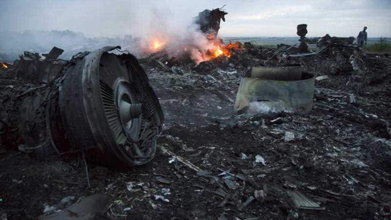A man walks amongst the debris at the MH17 crash site.