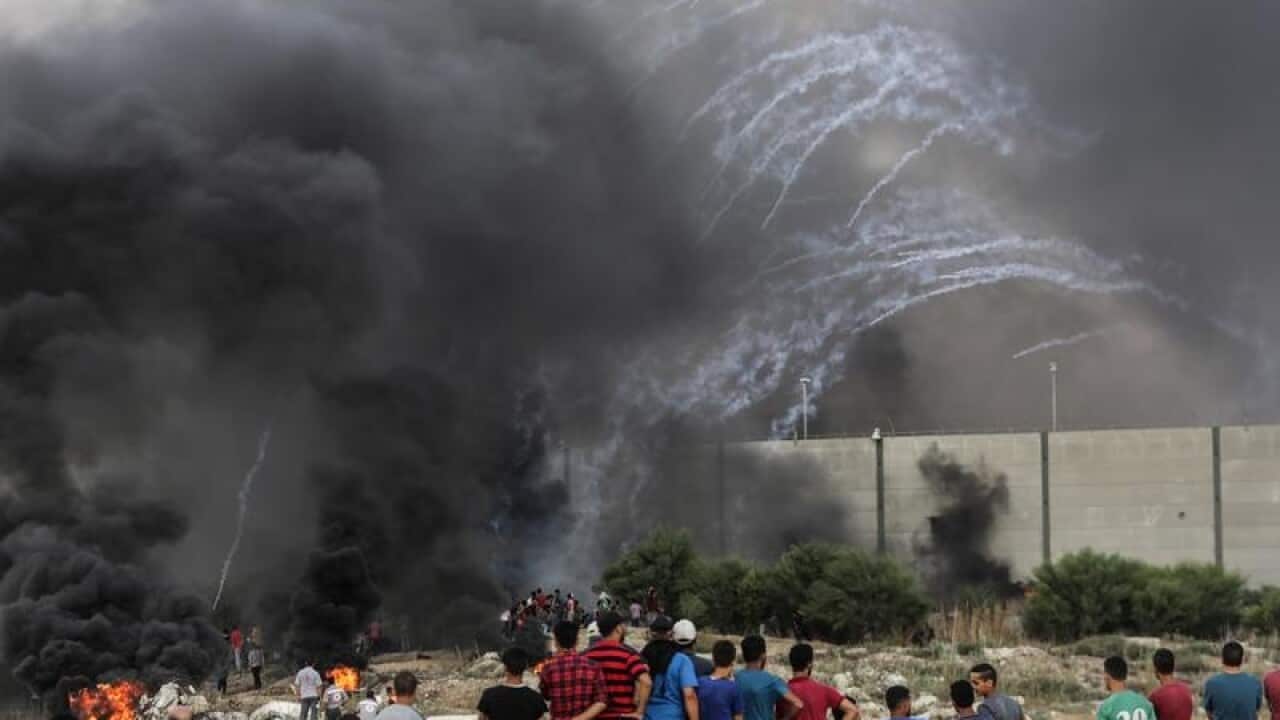 Palestinians protesters near the Gaza border.