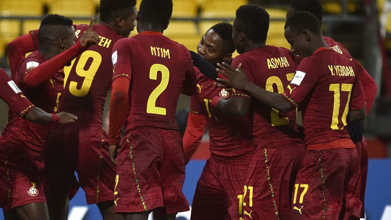 Ghana's players celebrate a goal